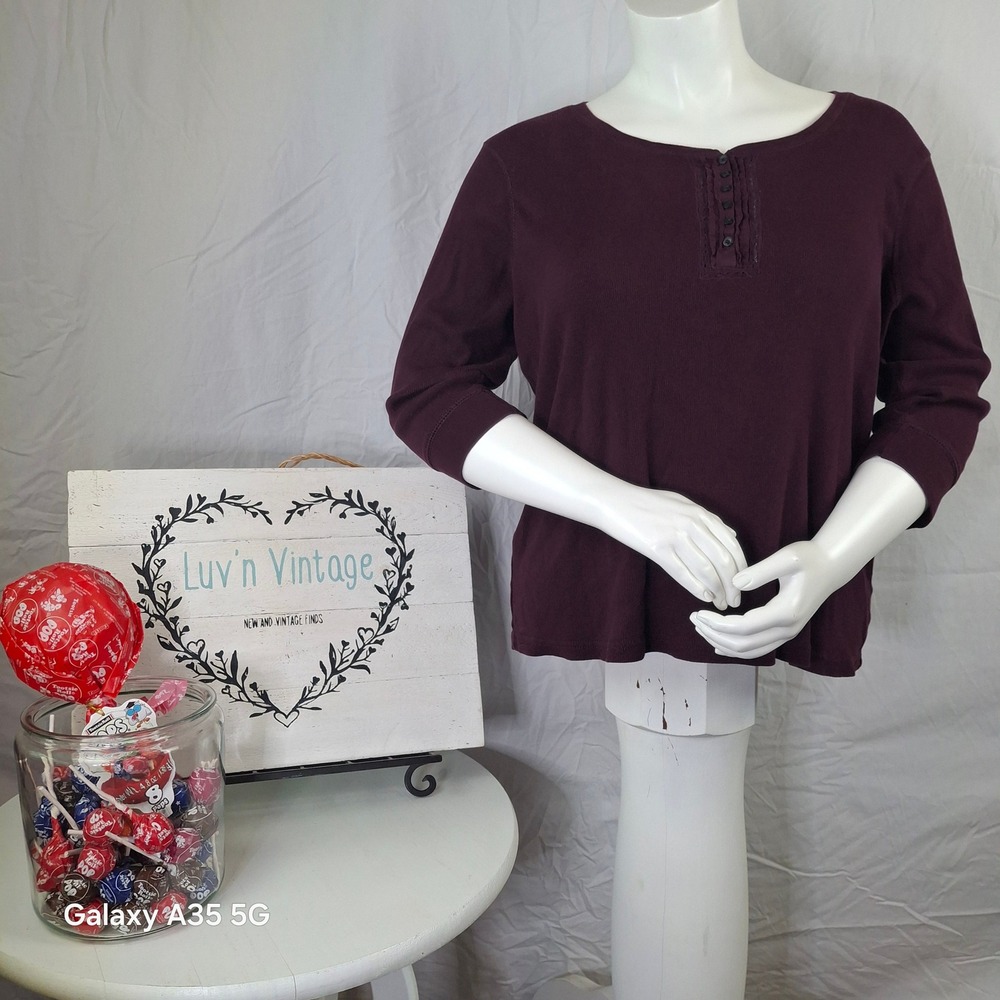 Chaps Womens 3X Burgundy Ribbed Henley Top 3/4 Sleeve Lace Ruffle Trim Plum